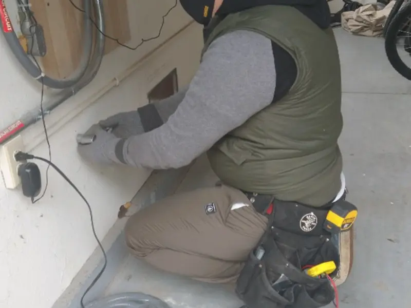 Electrician performing outlet wiring in a Pittston garage